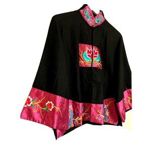Asian Lotus Embroidered Dressy Elegant Cropped Black Jacket Blazer M